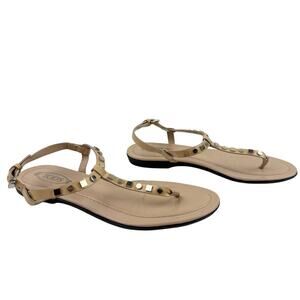 Tod's Women's T-Strap Sandals 35 Beige Silver Patent Leather Studded Thong Flats